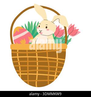 Easter basket with spring flowers and cute bunny. Cartoon flat illustration isolated. Spring basket with easter's rabbit. Stock Vector