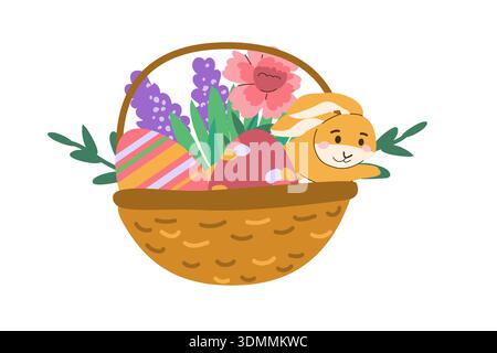 Easter basket with spring flowers and cute bunny. Cartoon flat illustration isolated. Spring basket with easter's rabbit. Stock Vector