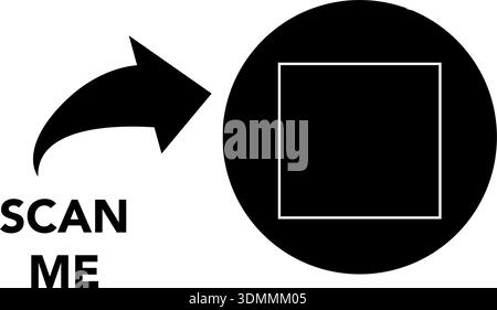 Scan me QR code frame design in vector format. Black line circle border with arrow and symbols, perfect for mobile apps, shops, screens, and barcode s Stock Vector