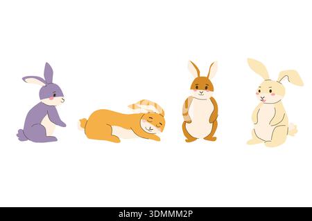Cute rabbits isolated on white. Easter or spring animals set. Cartoon flat illustration. Stock Vector