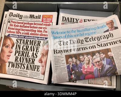 Keir Starmer's leadership in doubt by Labour rebels force (Angela Rayner etc) rapid about turn on Mandelson scandal ,which dominated news frontpages Stock Photo