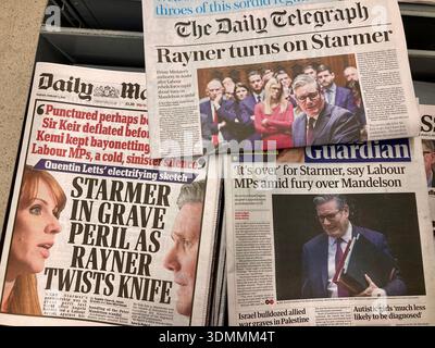 Keir Starmer's leadership in doubt by Labour rebels force (Angela Rayner etc) rapid about turn on Mandelson scandal ,which dominated news frontpages Stock Photo
