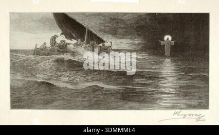 Wood Engraving of Jesus Walking on Water on the Sea of Galilee (John 6: ...