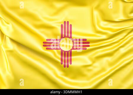 New Mexico Zia sun symbol on yellow flag background with silk-like rippling texture. 3D rendering Stock Photo