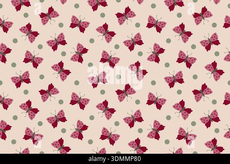Seamless pattern with cute maroon pink butterflies and dots. Flat style. Ideal for kids textiles, nursery decor, wallpapers, wrapping paper, stationery, prints. Vector illustration Stock Vector