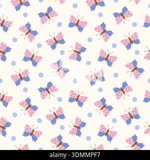 Seamless pattern with cute blue pink butterflies and dots. Flat style. Ideal for kids textiles, nursery decor, wallpapers, wrapping paper, stationery, prints. Vector illustration Stock Vector