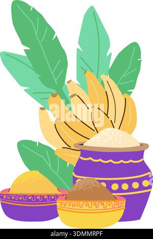 India composition with rice, traditional spices and bananas. Vector flat illustration isolated on white background. Stock Vector