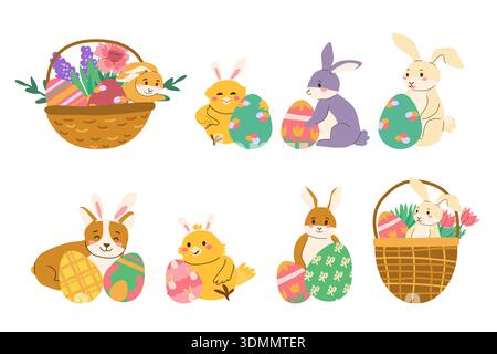 Cute Happy Easter animals set with colorful eggs. Spring chicks with bunny ears, dog with easter eggs and baskets with spring flowers. Cartoon flat il Stock Vector