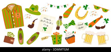 Vector set of St. Patrick Day holiday. Irish supplies and design elements set. Cartoon clothes, shoes, beer mugs. Festive Collection for Patrick's Day. Vector icons isolated on white. Stock Vector