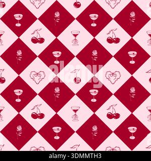 Whimsical pattern design featuring cherries, roses, and cocktail glasses on a red and pink diamond background Stock Vector