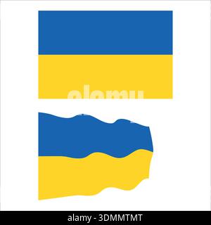 Ukrainian flag displaying two horizontal blue and yellow bands, one static, one waving. Stock Vector