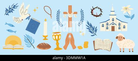 Christian Easter religious icon set with cross, Bible, church, dove, lamb, flowers and holy symbols. Flat vector illustration in modern cartoon style. Spiritual design elements for Catholic Holidays Stock Vector