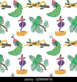 Seamless pattern with indian peacock and snakes, parakeet. Abstract summer tropical print with cobra and birds. Stock Vector