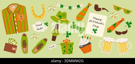 St. Patrick Day stickers set. Cartoon flat vector illustration of lucky icons and symbols, celebration design elements. Stock Vector