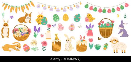Cartoon Spring Easter stickers set. Vector illustration isolated on white. Easter eggs, rabbits, chicks, dog and spring flowers and cakes. Cute easter animals and festive elements set. Stock Vector