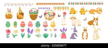 Vector Happy Easter and Spring elements set. Easter eggs, Spring flowers, chickens and rabbits, water cane, lamb and bunting flags. Stock Vector