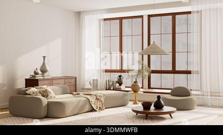 Wide framed living room scene showing sculptural elements, neutral wall and warm sunlight for refined interior presentation. 3D illustration. Stock Photo