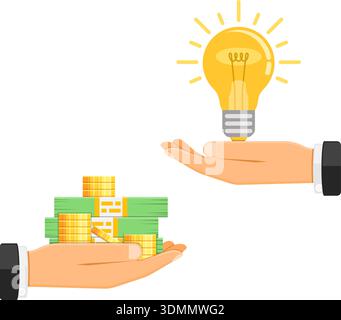 Hand with light bulb and other hand giving money. Crowdfunding, innovation, idea, investments concept. Flat style icons. Isolated vector illustration Stock Vector