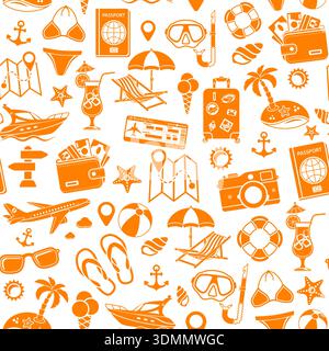 Vacation and Tourism Seamless Pattern with Flat Icon Set for Mobile Applications, Web Site, Advertising like Boat, Cocktail, Island, Aircraft and Suit Stock Vector