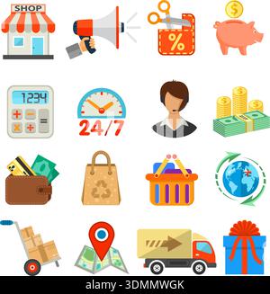 Internet Shopping, Delivery and Cargo Detailed Flat Icon Set for e-commerce with money, truck, gift symbols. Vector isolated on white. Stock Vector