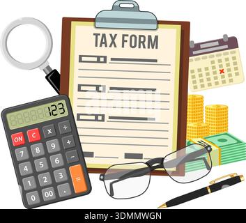 Tax calculation, accounting, payment, paperwork concept. Government taxes, financial research, report. Calculation of tax return. Flat style icons. Is Stock Vector