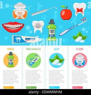 dental hygiene banner and infographics with flat icons tooth rinse, braces, floss, toothpaste and chewing gum. isolated vector illustration Stock Vector