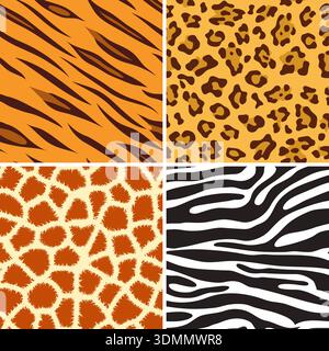 Four seamless tiling animal print giraffe, zebra, tiger and leopard, vector illustration Stock Vector