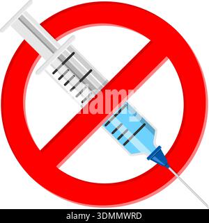 Refusal vaccination, drugs, narcotic concept with sign stop icon plastic medical syringe in flat style, concept stop vaccination, injection, narcotic. Stock Vector
