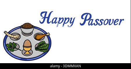 Festive Happy Passover vector banner with Seder plate elements, text, and copy space Stock Vector
