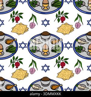 Seamless vector pattern illustration of traditional Pesach Seder plate elements, matzah, and Star of David symbols Stock Vector