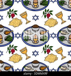 Seamless vector pattern illustration of Pesach Seder plate items and symbols Stock Vector