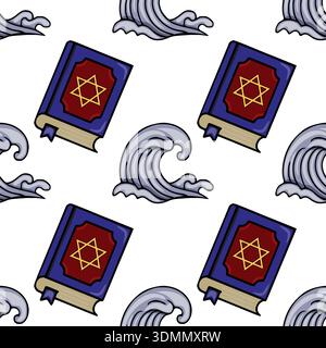 Seamless vector pattern of a Torah scroll and waves, symbolizing Jewish heritage and the Exodus, ideal for religious holidays and cultural designs. Stock Vector