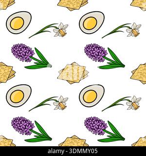 Seamless vector pattern of matzah, hard-boiled eggs, daffodils, and hyacinths for Pesach celebration Stock Vector