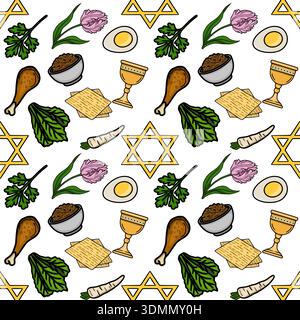 Festive Passover Seder plate elements vector seamless pattern with matzah, maror, egg, and charoset Stock Vector