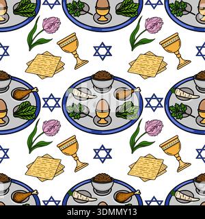 Seamless vector pattern of Pesach Seder plate elements, matzah, and tulips Stock Vector