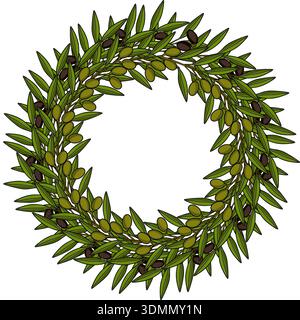 Olive wreath vector illustration with green and black olives and leaves Stock Vector