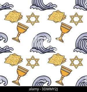 Seamless vector pattern with matzah, Star of David, wine goblet, and wavy water for Passover Stock Vector