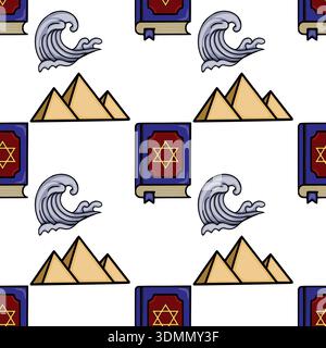 Pesach vector seamless pattern with ancient pyramids and stormy waves Stock Vector