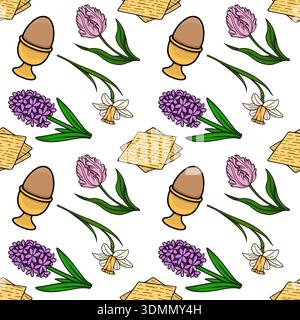 Seamless vector pattern of Pesach symbols: matzah, egg in holder, tulips, daffodils, and hyacinths Stock Vector