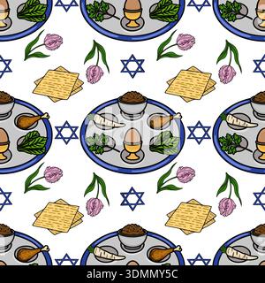 Seamless vector pattern of Passover Seder plate elements and Star of David symbols with pink tulips. Stock Vector