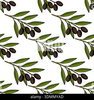 Seamless vector pattern of ripe olives on branches with green leaves, isolated on white background Stock Vector