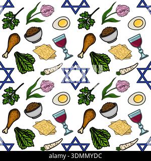 Seamless vector pattern of traditional Passover Seder plate elements with Star of David symbols Stock Vector