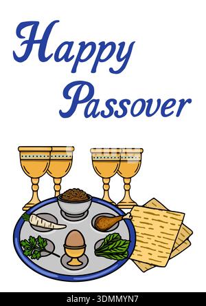 Festive vector poster with Happy Passover greeting and Seder plate elements Stock Vector