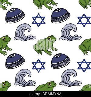Festive Pesach vector pattern with frogs, Star of David, and waves Stock Vector