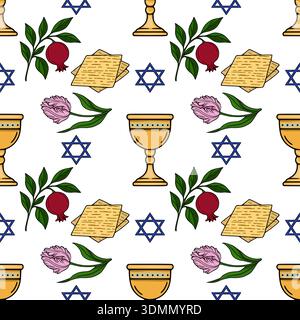 Seamless vector pattern of Jewish holiday symbols, matzah, pomegranates, tulips, and chalices Stock Vector