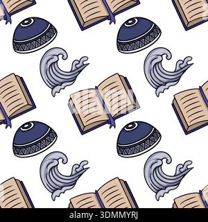 Seamless vector pattern of open books and traditional kufi caps with stylized waves Stock Vector