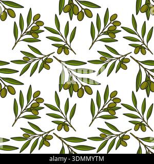 Seamless vector pattern of green olive branches with olives on a white background Stock Vector