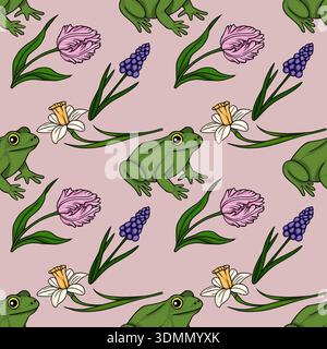 Seamless vector pattern of cheerful green frogs with pink tulips, purple hyacinths, and white daffodils on a soft pink background. Stock Vector