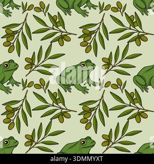 Seamless vector pattern of green frogs and olive branches with olives on a light green background. Stock Vector