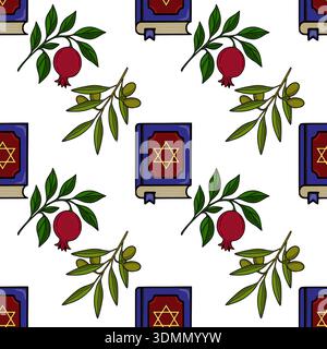 Seamless vector pattern of Jewish symbols, pomegranates and olive branches Stock Vector